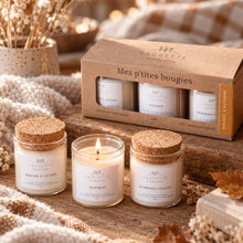 Charger l'image dans la galerie, Coffret Balade d'automne - 3 Bougies artisanales parfumées à la cire de soja naturelle - Mousse et Lichen, Potiron et Marrons chauds.