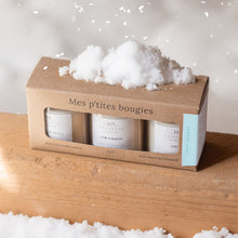 Charger l'image dans la galerie, Coffret Tout schuss - 3 Bougies artisanales parfumées à la cire de soja naturelle - Première neige, Vin chaud et Sauna.