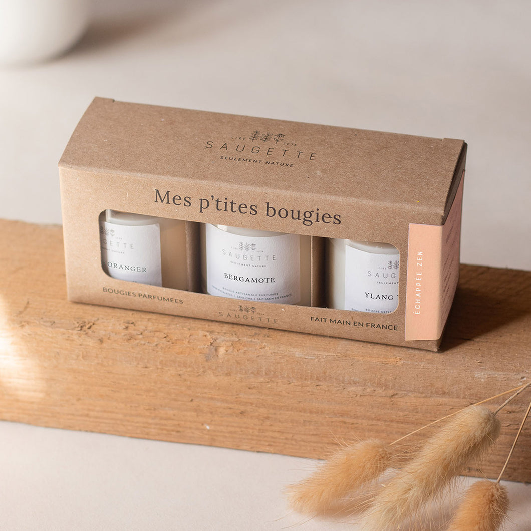 Ce coffret offre une escapade bien-être contenant 3 mini bougies aux parfums Fleur d’oranger, Bergamote et Ylang-ylang.        