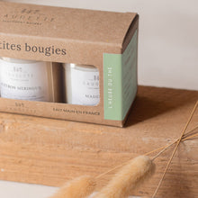 Charger l&#39;image dans la galerie, Coffret L’heure du thé - 3 Bougies artisanales parfumées à la cire de soja naturelle - Chaï latte, Citron meringué et Madeleine.
