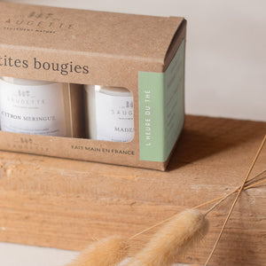 Coffret L’heure du thé - 3 Bougies artisanales parfumées à la cire de soja naturelle - Chaï latte, Citron meringué et Madeleine.