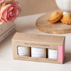 Coffret Maman Chérie - 3 Bougies artisanales parfumées à la cire de soja naturelle - Madeleine, Fleur d'oranger, La rosée - Cadeau de fête des mères
