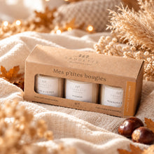 Charger l'image dans la galerie, Coffret Balade d'automne - 3 Bougies artisanales parfumées à la cire de soja naturelle - Mousse et Lichen, Potiron et Marrons chauds.
