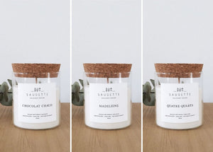 Goûter d'hiver - Assortiment de 3 bougies artisanales parfumées à la cire de soja naturelle - Chocolat chaud, Madeleine, Quatre-quarts